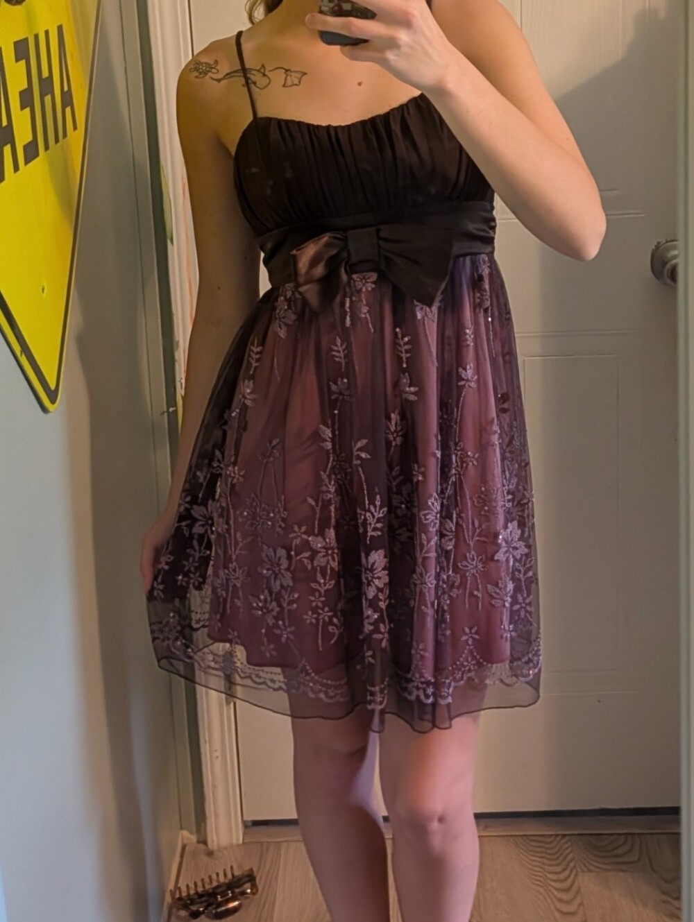 City Triangles Dark Brown Dress With Pink Underlining And Beading
